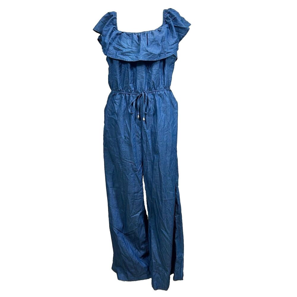 Vonda Chambray Denim Jumpsuit Off Shoulder Party Club Rompers 3XL Wide Leg